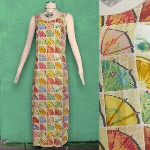 Vintage Tropical Drinks colorful Umbrellas Novelty Print Rayon Shift Dress S